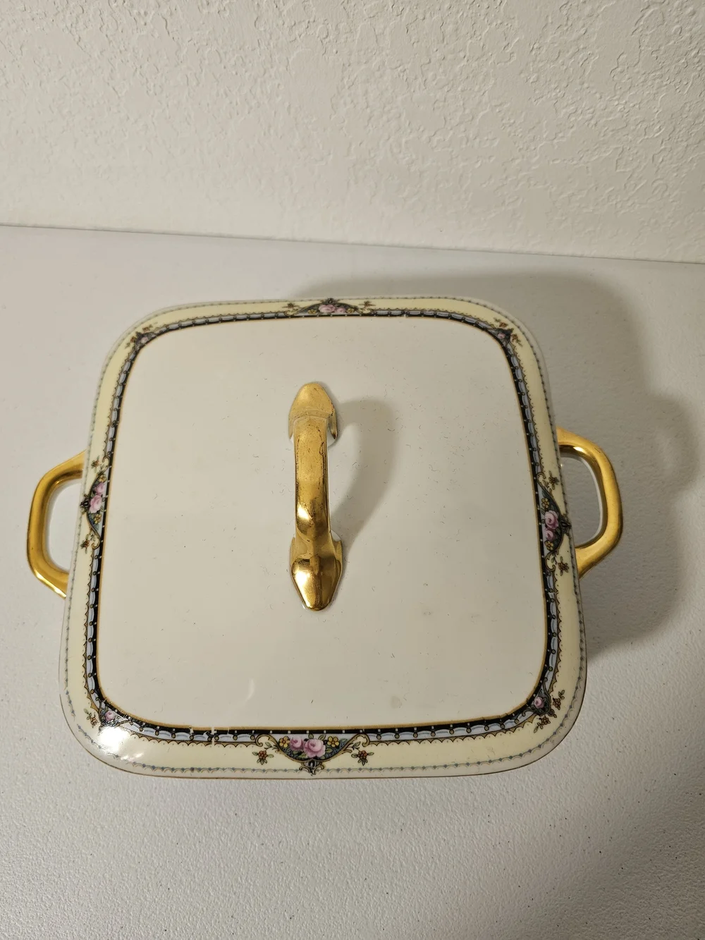 Epiag Square Antique Covered Casserole Dish w/ Lid Gold Handles Floral Czech